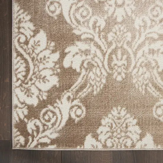 8' Ivory and Brown Damask Distressed Non Skid Runner Rug Photo 4