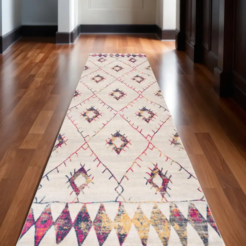 15' Ivory and Gold Abstract Geometric Runner Rug Photo 1