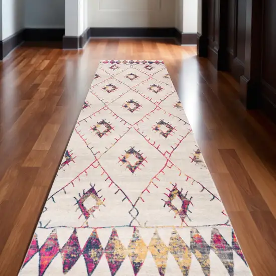 20' Ivory and Gold Abstract Geometric Runner Rug Photo 1