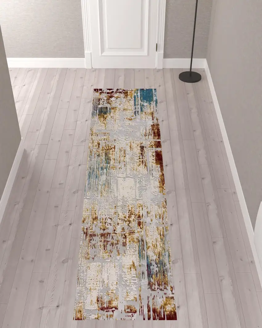 10' Ivory and Gold Abstract Runner Rug Photo 1