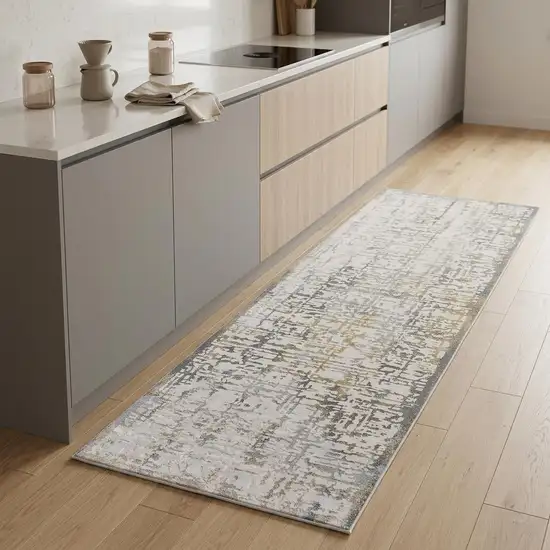 8' Ivory and Gray Abstract Distressed Runner Rug Photo 1
