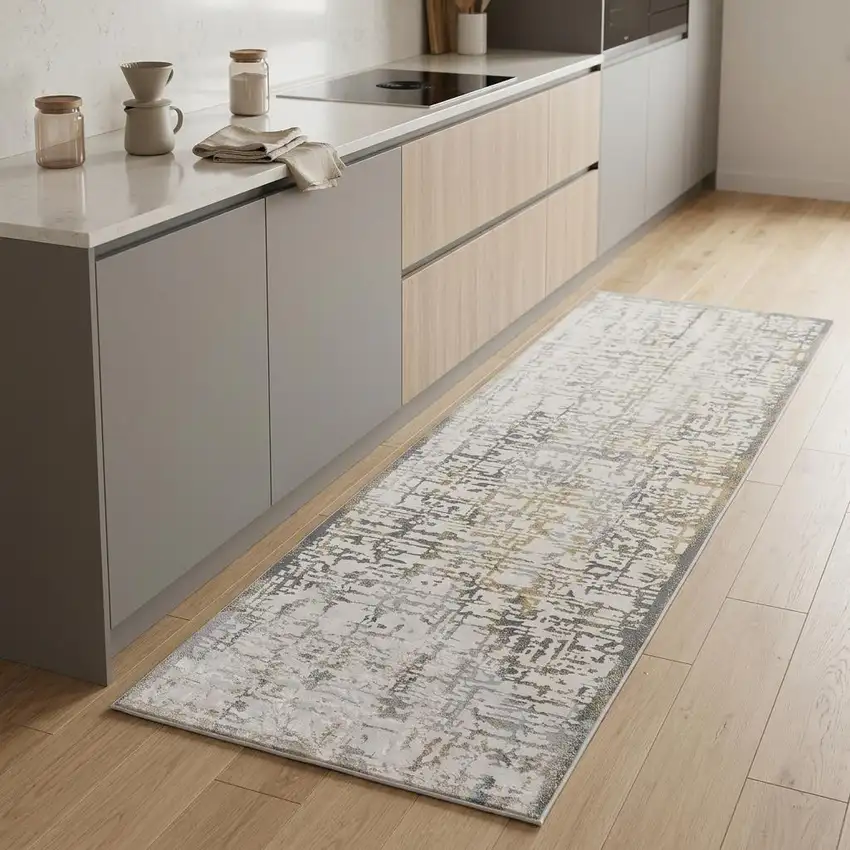 8' Ivory and Gray Abstract Distressed Runner Rug Photo 1