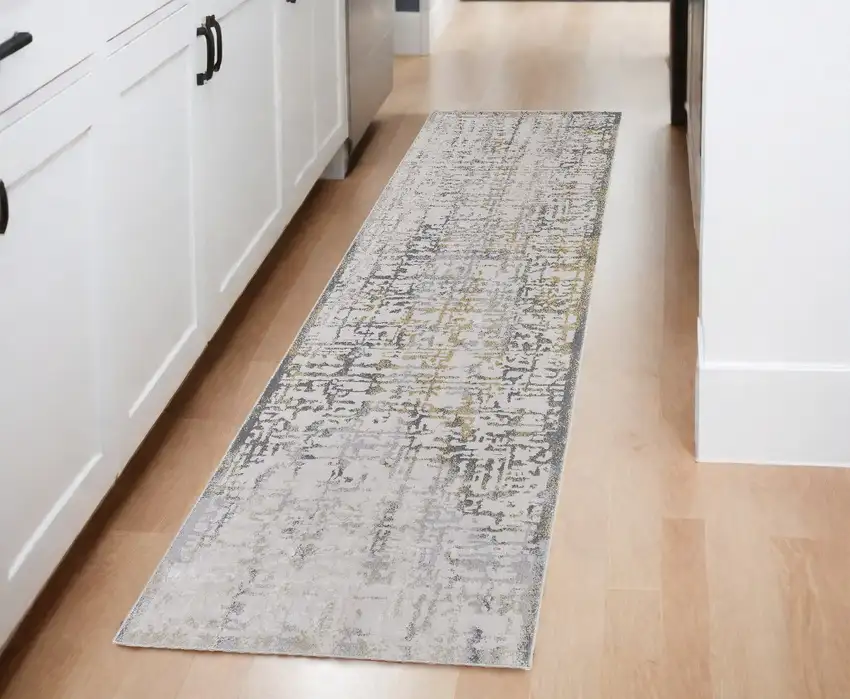 8' Ivory and Gray Abstract Distressed Runner Rug Photo 1