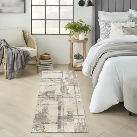 8' Ivory and Gray Abstract Non Skid Runner Rug Photo 5