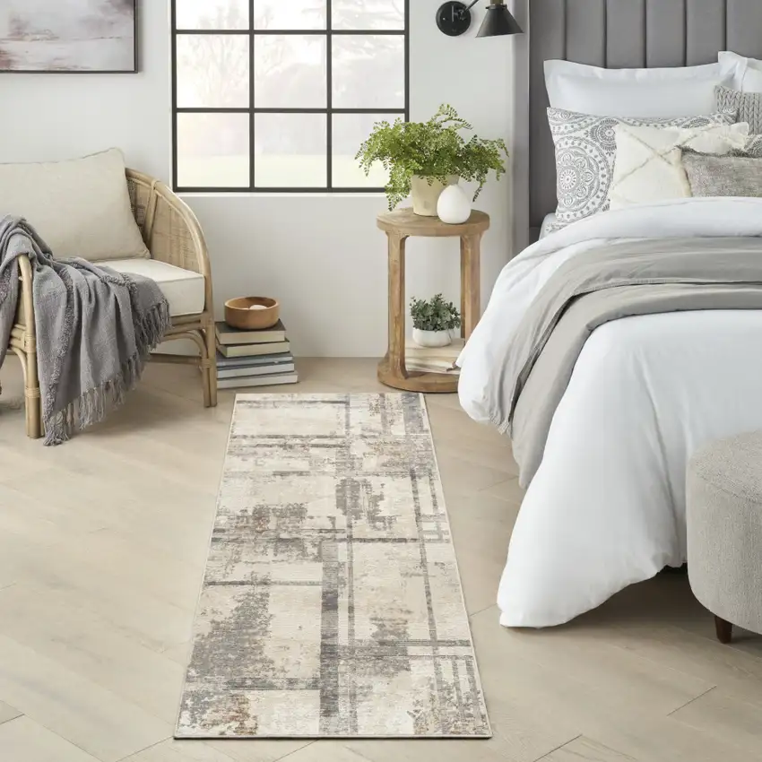 8' Ivory and Gray Abstract Non Skid Runner Rug Photo 5