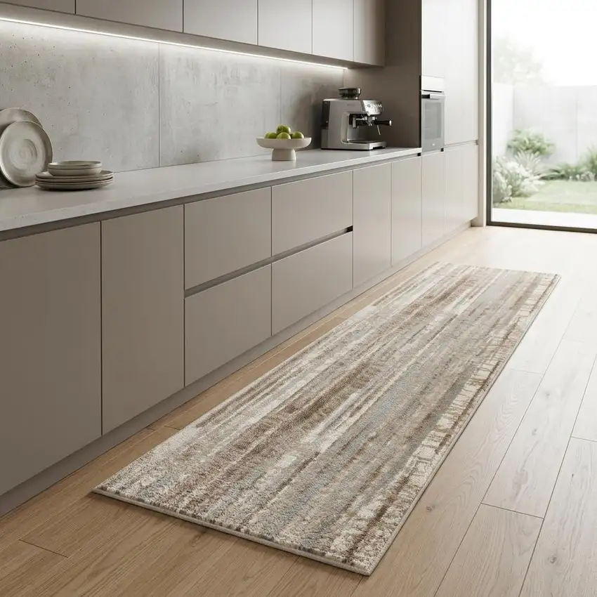 8' Ivory and Gray Abstract Non Skid Runner Rug Photo 1
