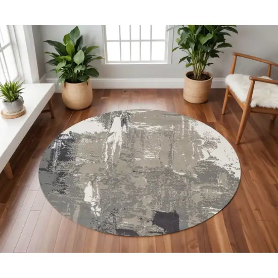 8' Ivory Black And Gray Abstract Round Rug Photo 1