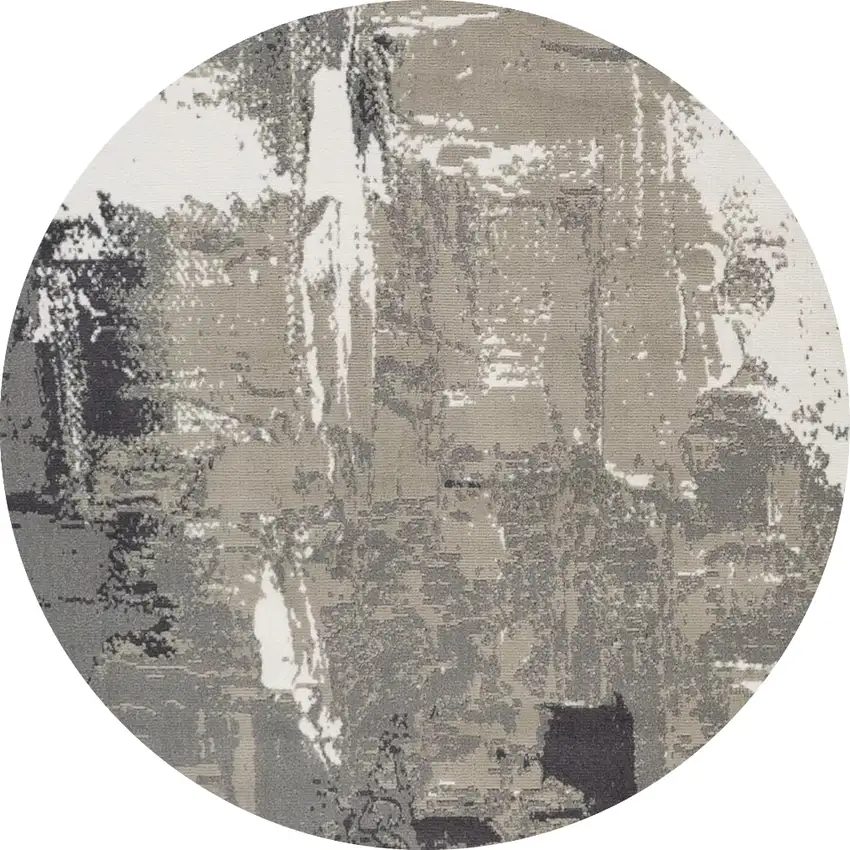 8' Ivory and Gray Abstract Power Loom Round Rug Photo 2