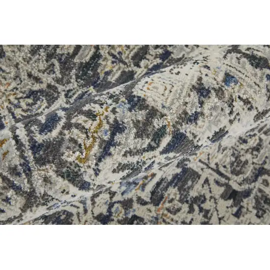 10' Ivory and Gray Abstract Power Loom Worn Faded Runner Rug With Fringe Photo 9