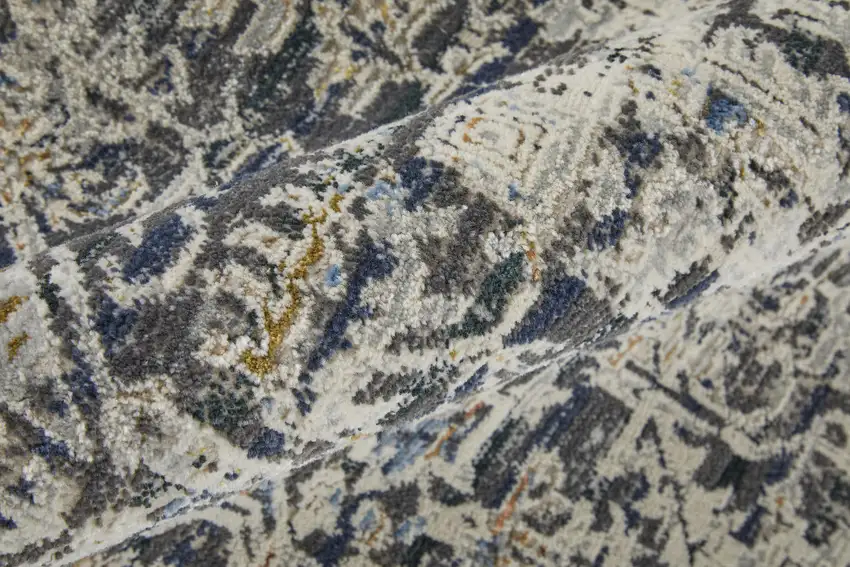10' Ivory and Gray Abstract Power Loom Worn Faded Runner Rug With Fringe Photo 9