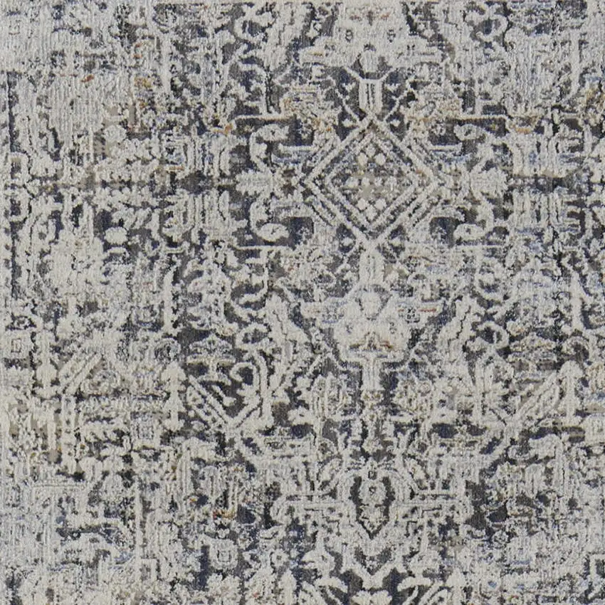 10' Ivory and Gray Abstract Power Loom Worn Faded Runner Rug With Fringe Photo 8