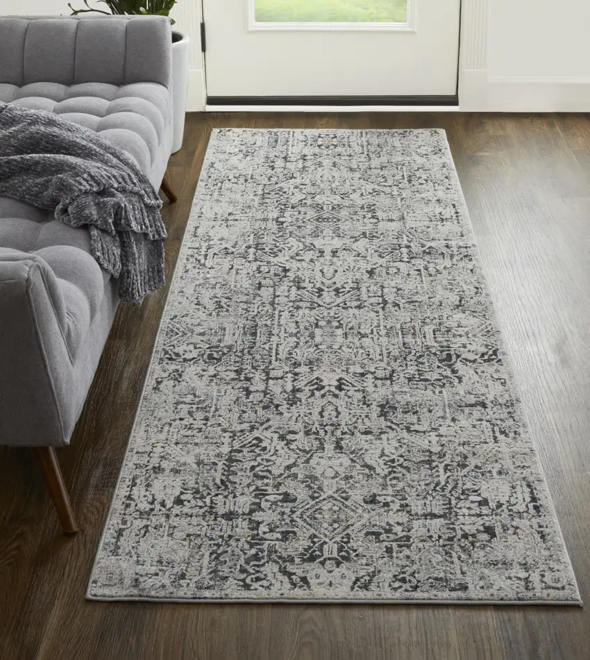 10' Ivory and Gray Abstract Power Loom Worn Faded Runner Rug With Fringe Photo 5