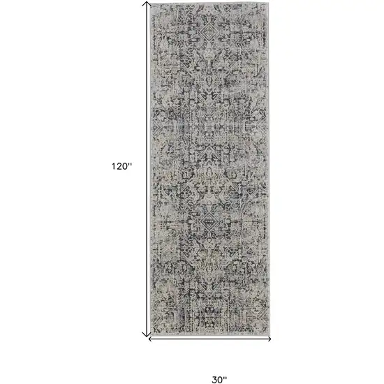 10' Ivory and Gray Abstract Power Loom Worn Faded Runner Rug With Fringe Photo 3