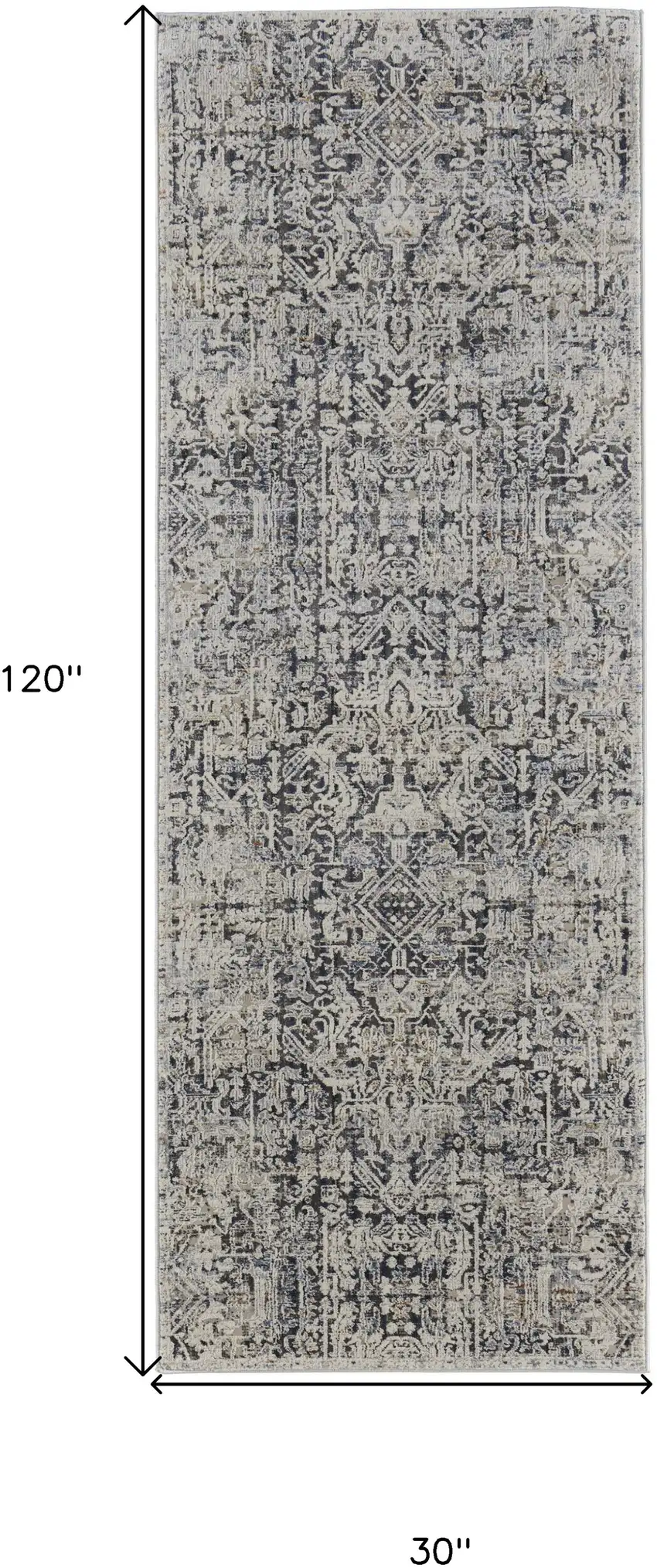 10' Ivory and Gray Abstract Power Loom Worn Faded Runner Rug With Fringe Photo 3