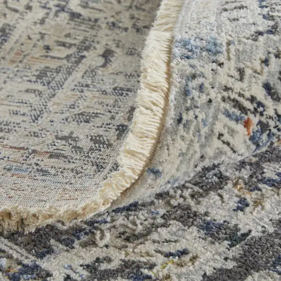 10' Ivory and Gray Abstract Power Loom Worn Faded Runner Rug With Fringe Photo 7