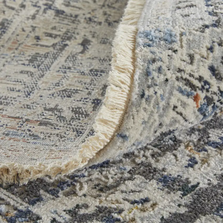 10' Ivory and Gray Abstract Power Loom Worn Faded Runner Rug With Fringe Photo 7