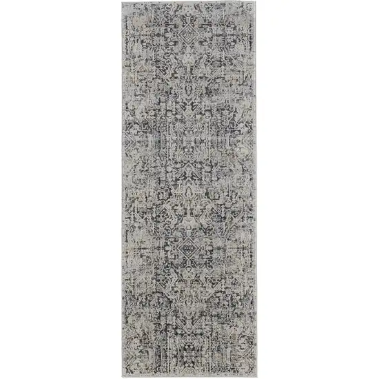 10' Ivory and Gray Abstract Power Loom Worn Faded Runner Rug With Fringe Photo 2