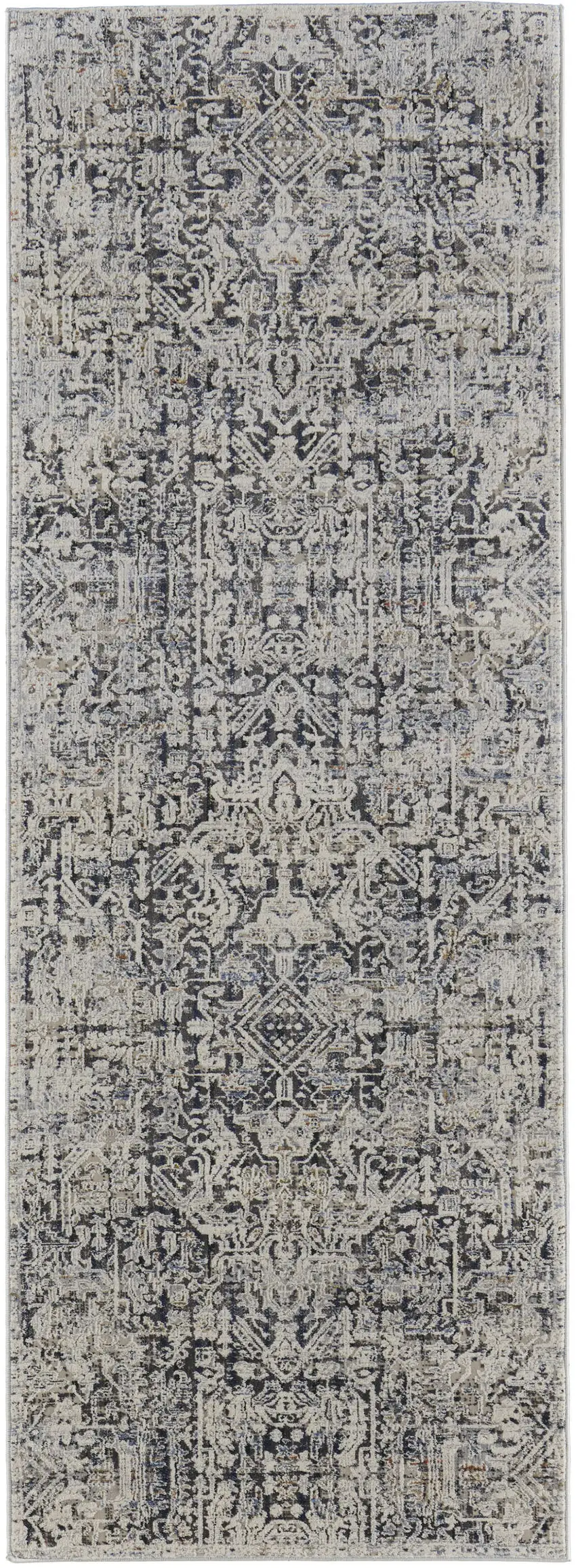 10' Ivory and Gray Abstract Power Loom Worn Faded Runner Rug With Fringe Photo 2
