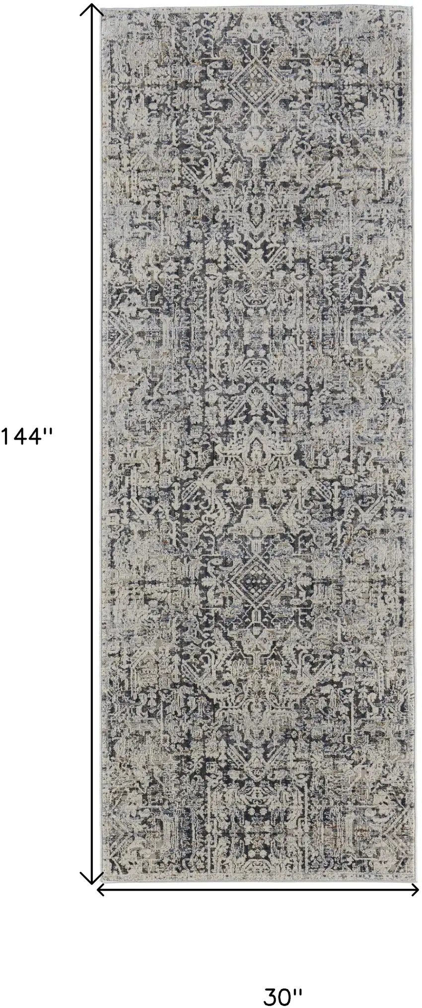 12' Ivory and Gray Abstract Power Loom Worn Faded Runner Rug With Fringe Photo 3