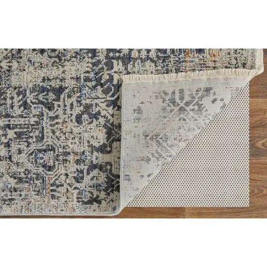 8' Ivory and Gray Abstract Power Loom Worn Faded Runner Rug With Fringe Photo 8
