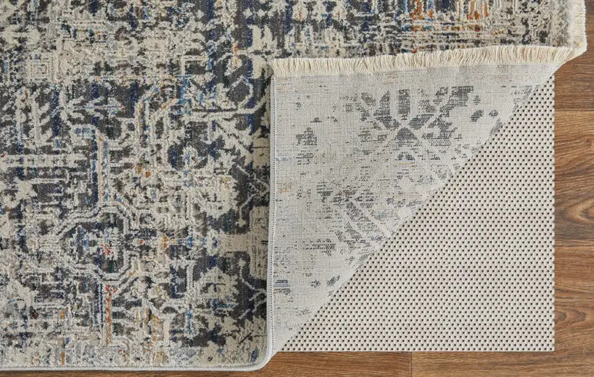 8' Ivory and Gray Abstract Power Loom Worn Faded Runner Rug With Fringe Photo 8