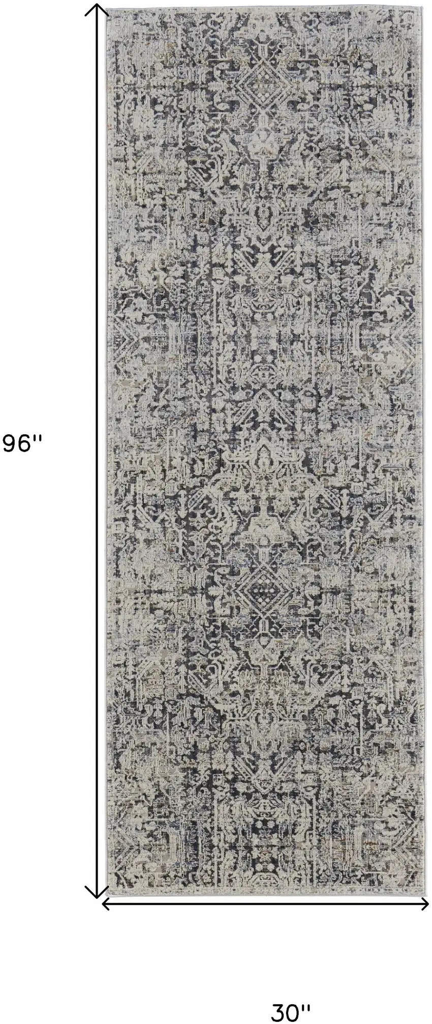 8' Ivory and Gray Abstract Power Loom Worn Faded Runner Rug With Fringe Photo 3