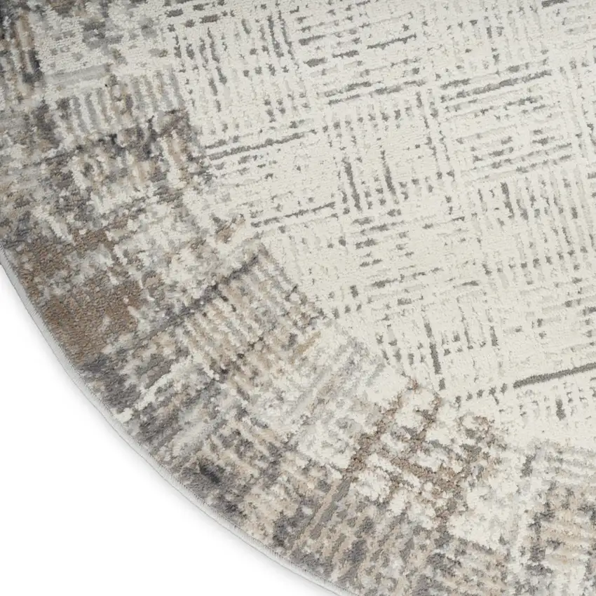5' Ivory and Gray Abstract Round Rug Photo 9