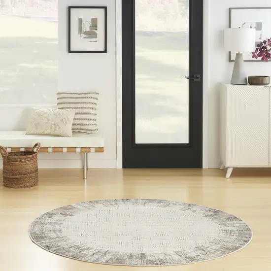 5' Ivory and Gray Abstract Round Rug Photo 6