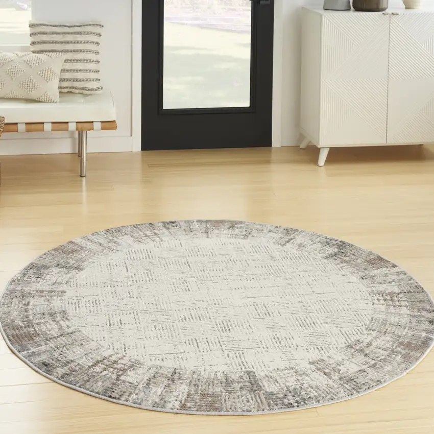 5' Ivory and Gray Abstract Round Rug Photo 5