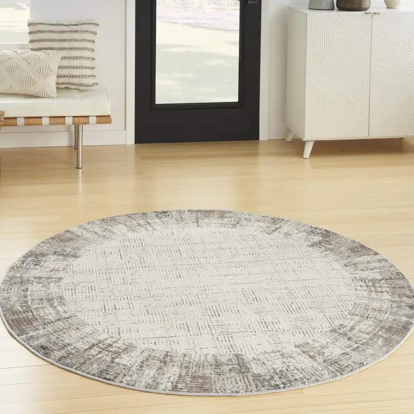 5' Ivory and Gray Abstract Round Rug Photo 9