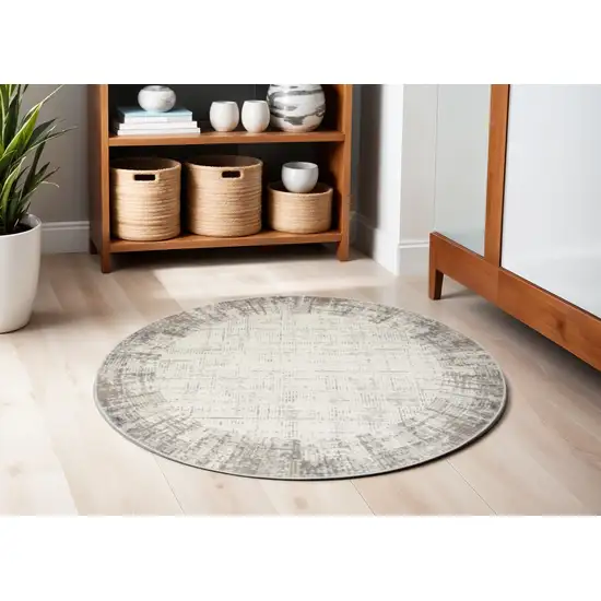 5' Ivory and Gray Abstract Round Rug Photo 1