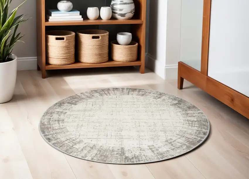 5' Ivory and Gray Abstract Round Rug Photo 1
