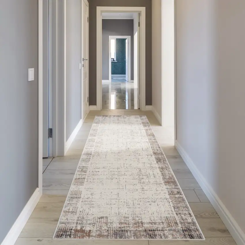 16' Ivory and Gray Abstract Runner Rug Photo 9
