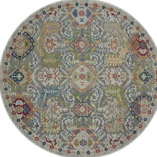 4' Ivory and Gray Floral Distressed Non Skid Round Rug Photo 4