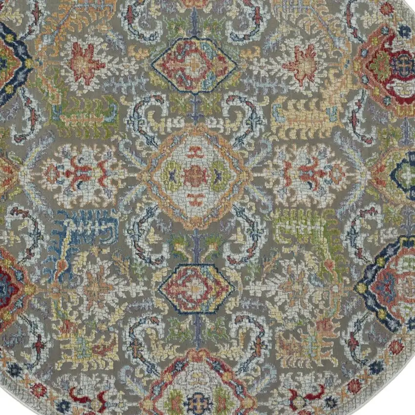 4' Ivory and Gray Floral Distressed Non Skid Round Rug Photo 3