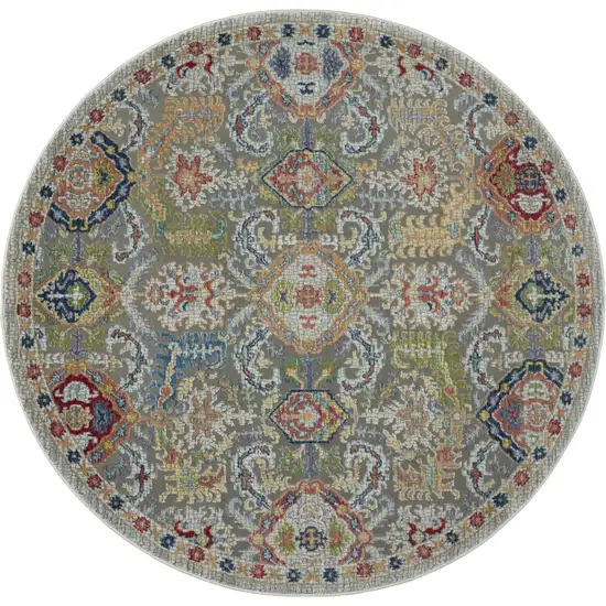4' Ivory and Gray Floral Distressed Non Skid Round Rug Photo 1