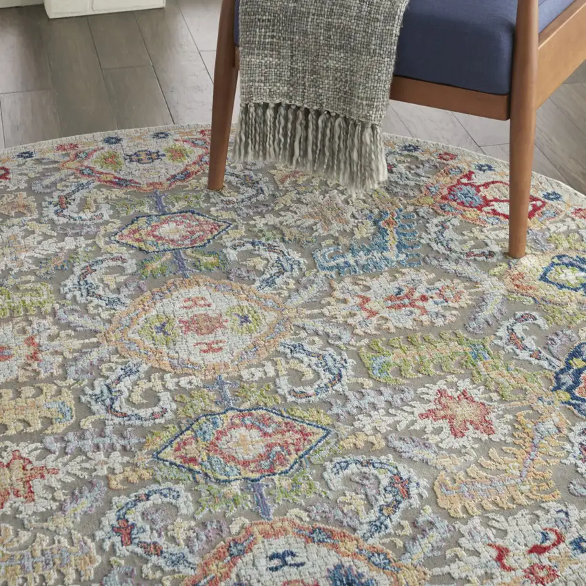 4' Ivory and Gray Floral Distressed Non Skid Round Rug Photo 6