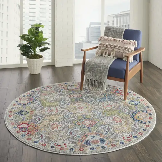 4' Ivory and Gray Floral Distressed Non Skid Round Rug Photo 7