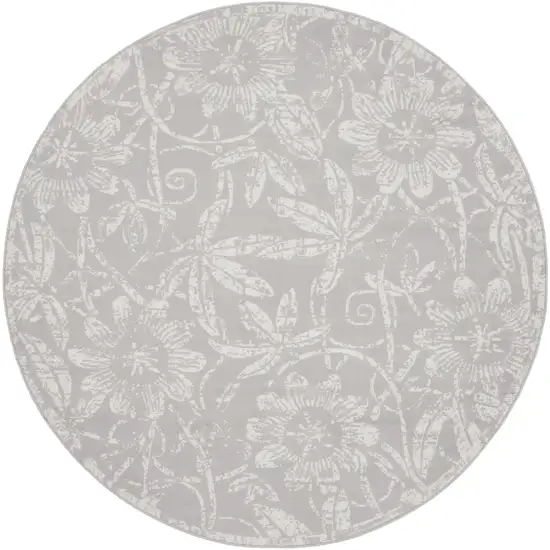 8' Ivory and Gray Floral Distressed Round Rug Photo 4