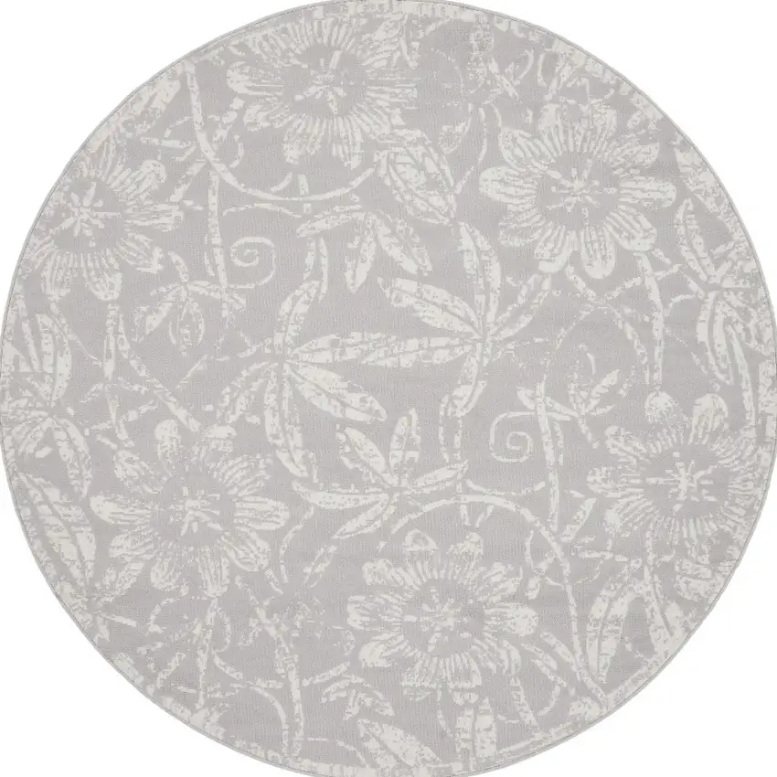 8' Ivory and Gray Floral Distressed Round Rug Photo 5