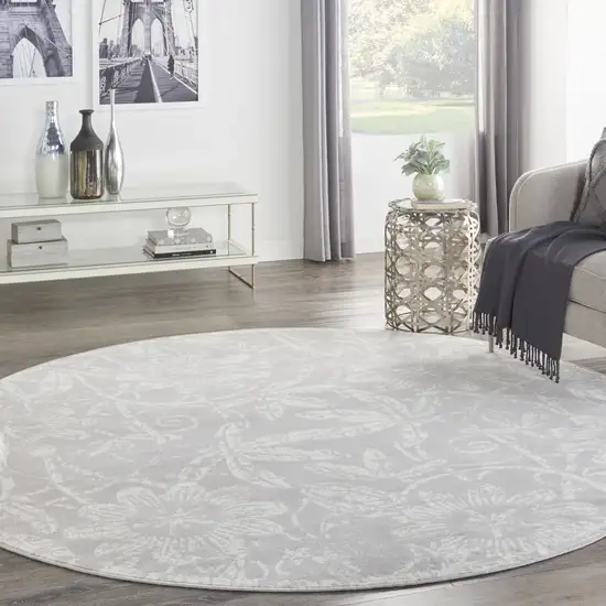 8' Ivory and Gray Floral Distressed Round Rug Photo 5
