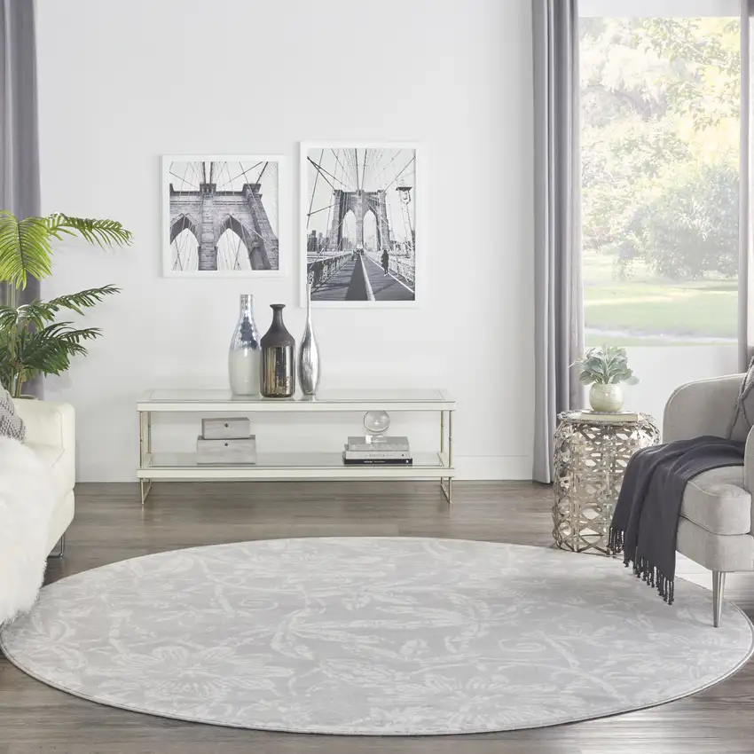 8' Ivory and Gray Floral Distressed Round Rug Photo 6