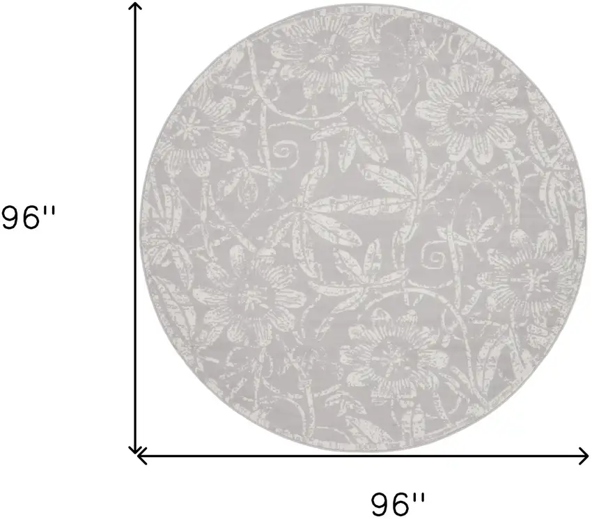 8' Ivory and Gray Floral Distressed Round Rug Photo 3