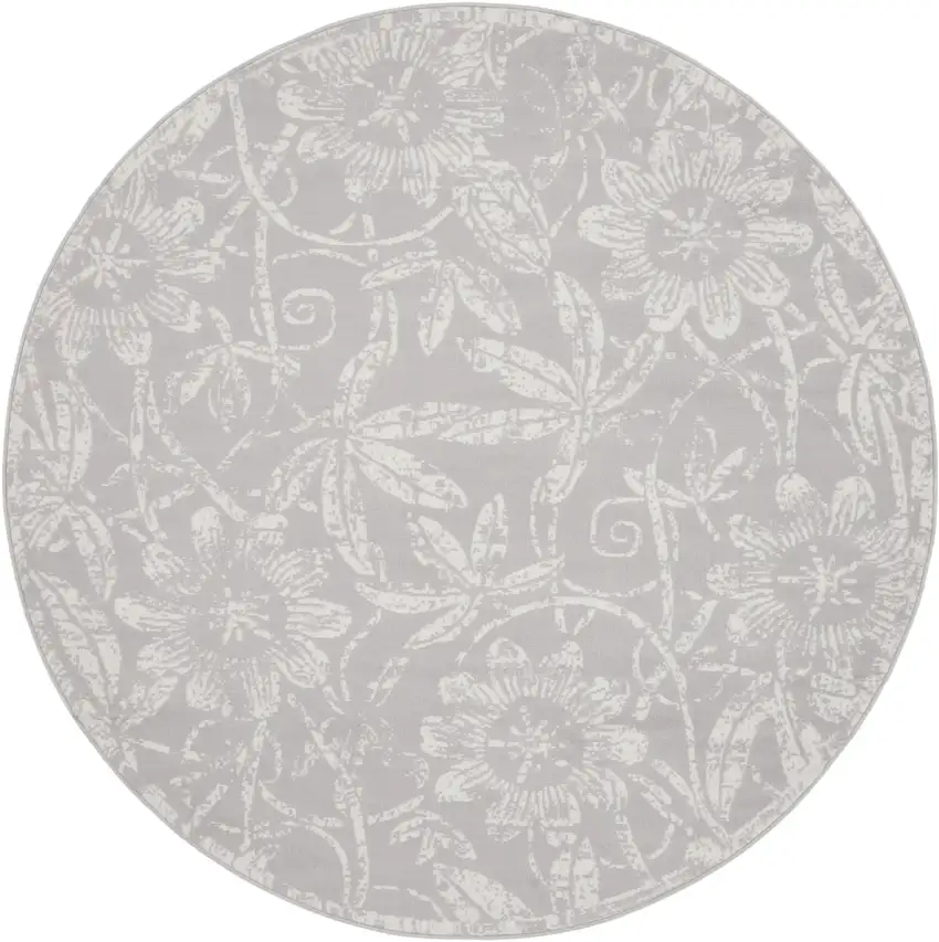 8' Ivory and Gray Floral Distressed Round Rug Photo 2