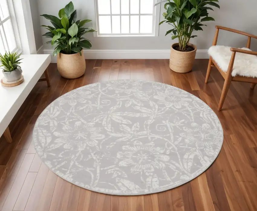 8' Ivory and Gray Floral Distressed Round Rug Photo 1