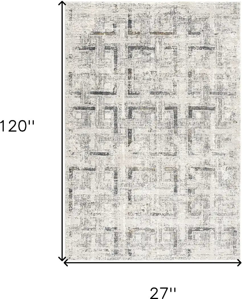 10' Ivory and Gray Geometric Distressed Runner Rug Photo 3