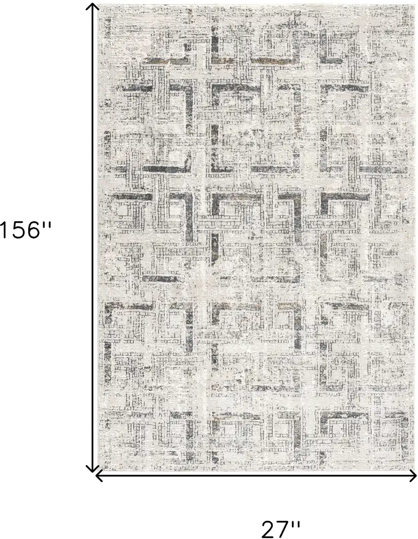 13' Ivory and Gray Geometric Distressed Runner Rug Photo 3