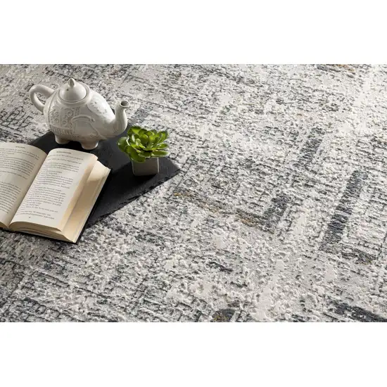 15' Ivory and Gray Geometric Distressed Runner Rug Photo 4