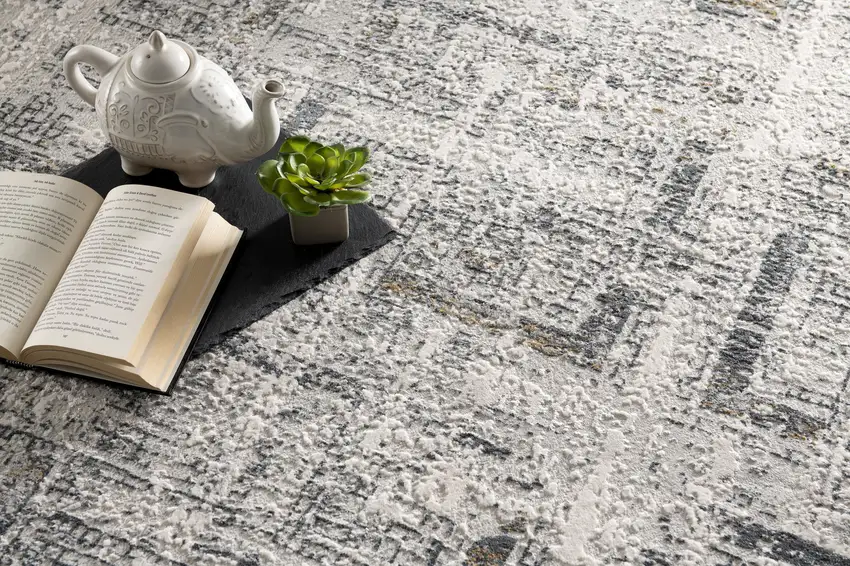 15' Ivory and Gray Geometric Distressed Runner Rug Photo 4