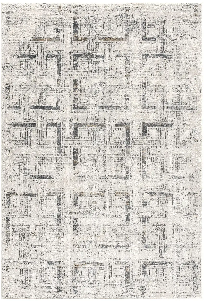 15' Ivory and Gray Geometric Distressed Runner Rug Photo 2